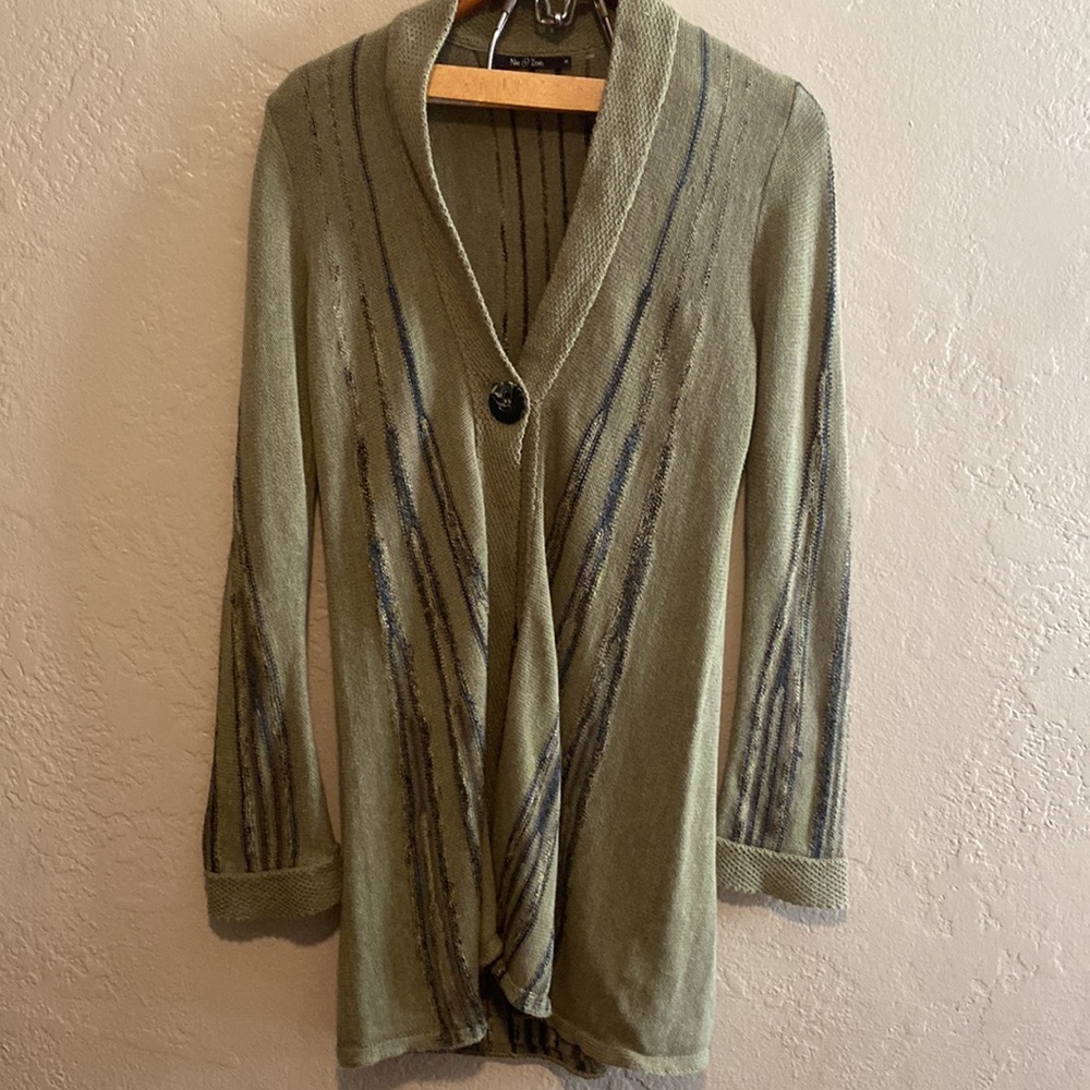 Nic + Zoe Button Close Lightweight Swing Hem Cardigan Olive Navy Good Size S
